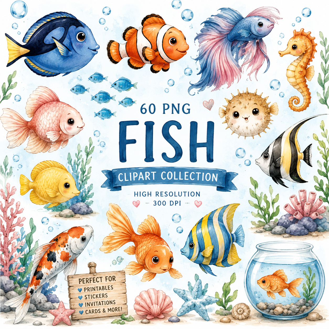 Fish Clipart Collection – 60 PNG Watercolor Ocean & Aquarium Illustrations | Favello Ltd