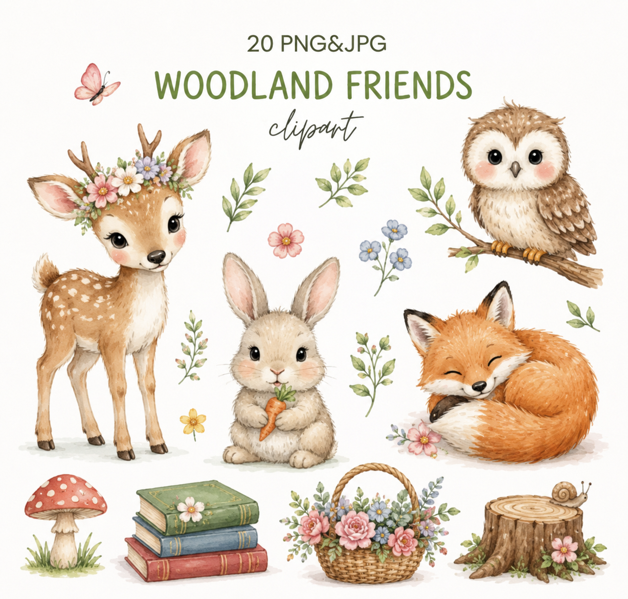 Woodland Friends Clipart Collection – 20 PNG & JPG Forest Animal Illustrations | Favello Ltd