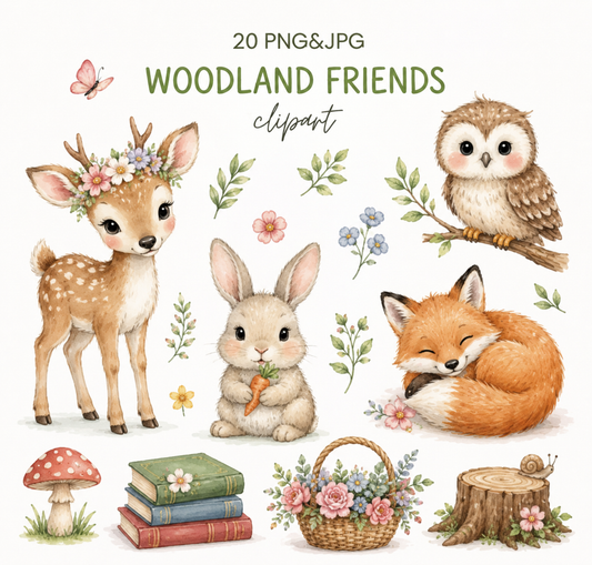 Woodland Friends Clipart Collection – 20 PNG & JPG Forest Animal Illustrations | Favello Ltd