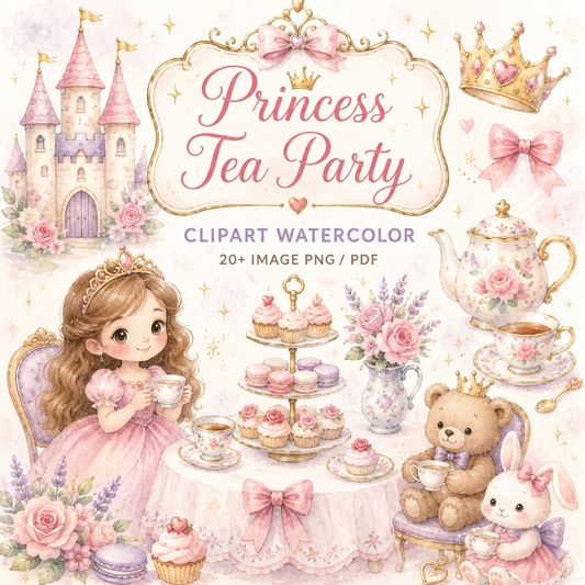 Princess Tea Party Clipart Collection – 20+ PNG & PDF Watercolor Illustrations | Favello Ltd