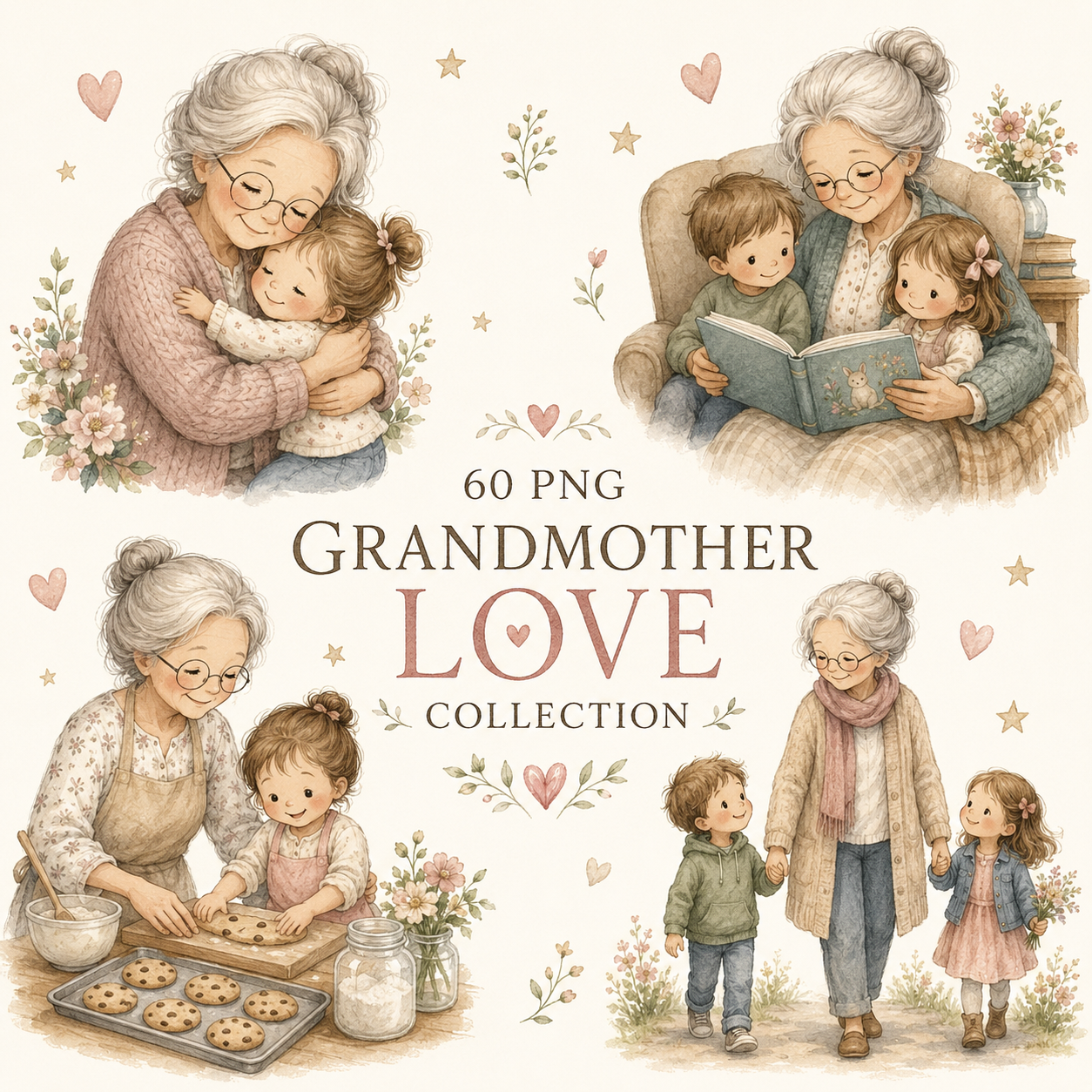 Grandmother Love Clipart Collection – 60 PNG Grandma & Grandchildren Illustrations | Favello Ltd