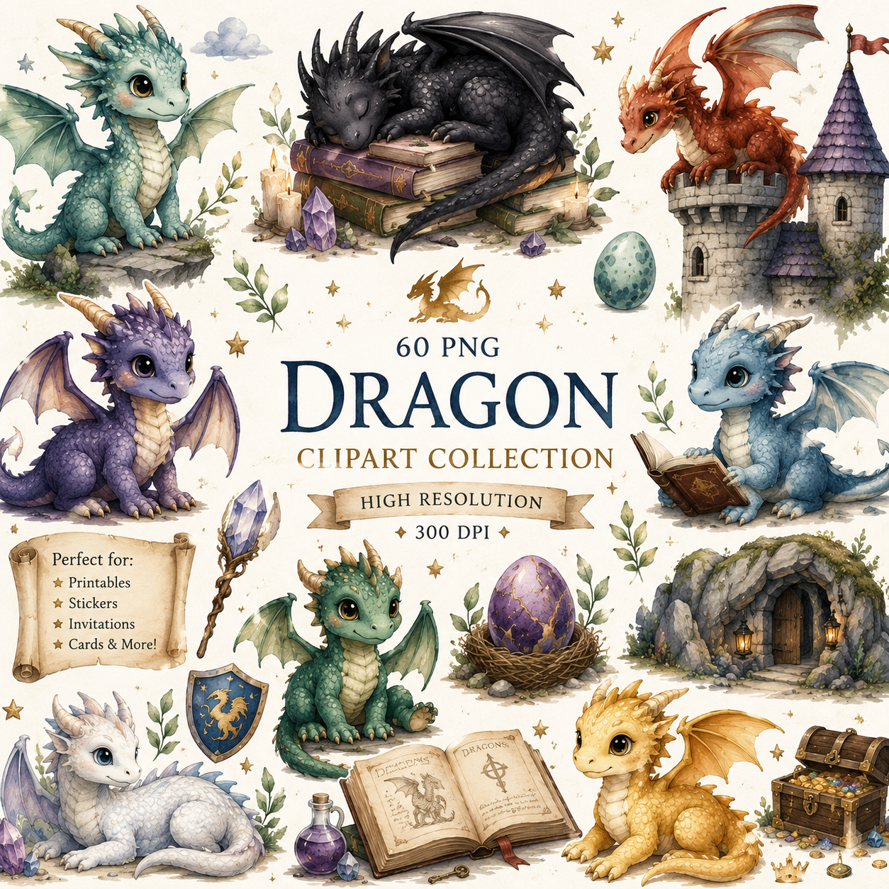 Dragon Clipart Collection – 60 PNG Watercolor Fantasy Dragon Illustrations | Favello Ltd