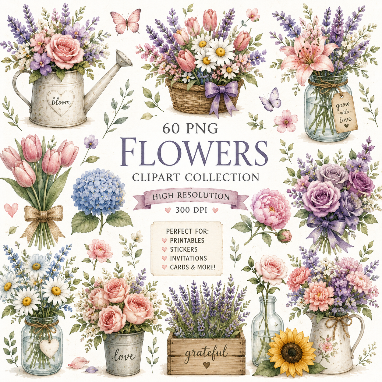 Flowers Clipart Collection – 60 PNG Watercolor Floral Illustrations | Favello Ltd