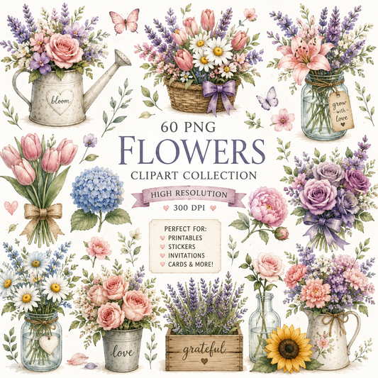 Flowers Clipart Collection – 60 PNG Watercolor Floral Illustrations | Favello Ltd